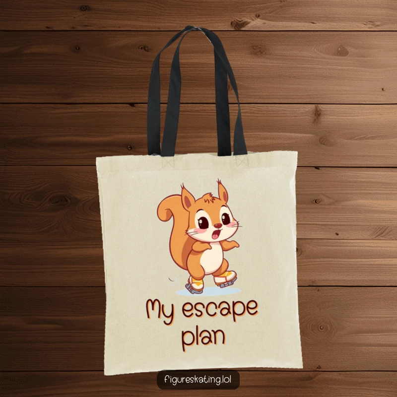 Funny tote bag with a playfully surprised squirrel narrowly avoiding a collision on ice skates, a humorous and practical accessory.