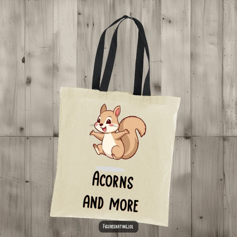 Funny tote bag featuring a cheerful squirrel landing a perfect spin on one foot, ideal for shopping.