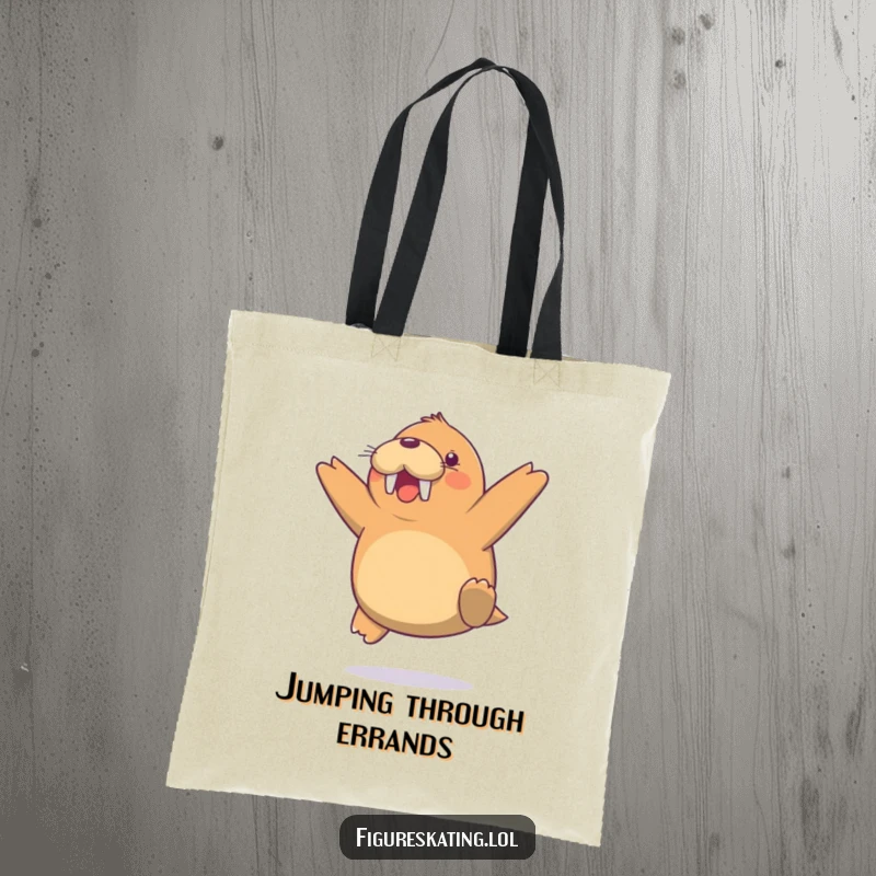 Funny Walrus Jump Tote Bag, featuring a cheerful walrus doing a light mid-air jump, ideal for carrying items with arctic humor.