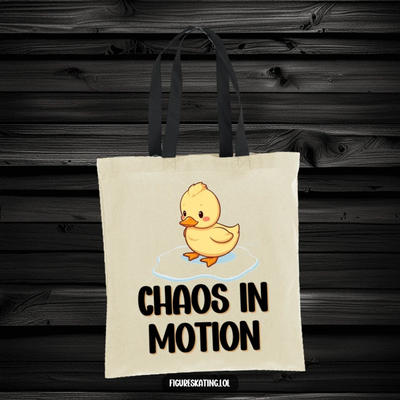 Funny wobbly duckling’s clumsy slide on ice, featured on a reusable tote bag, making a statement.