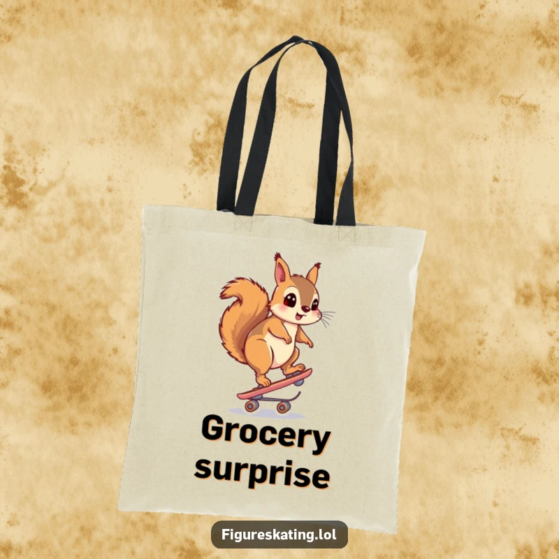 Funny tote bag illustration of a squirrel looking surprised while balancing on one skate, perfect for everyday use.
