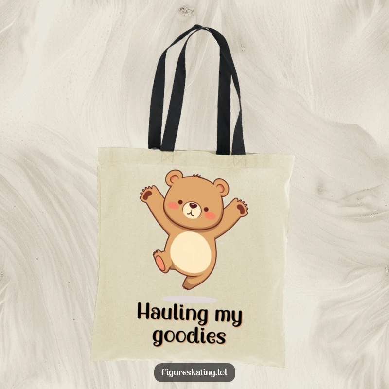 Funny tote bag featuring a curious bear in a graceful jump with tucked legs, perfect for market trips.