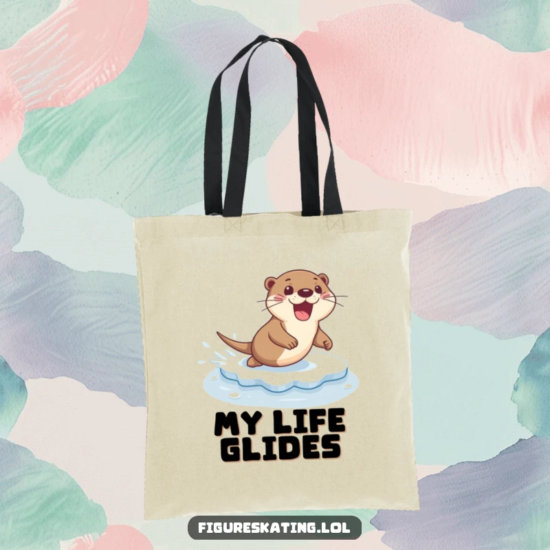 Funny tote bag illustration of an excited otter sliding smoothly across ice with a flourish and a look of pure joy.